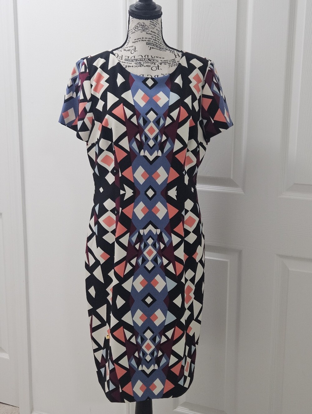 Talbots Geometric Print Short Sleeve Sheath Dress - Black & Blue